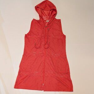 Sleeveless Duster Cardigan/Vest, with hood coral, laser cut lace. Size M